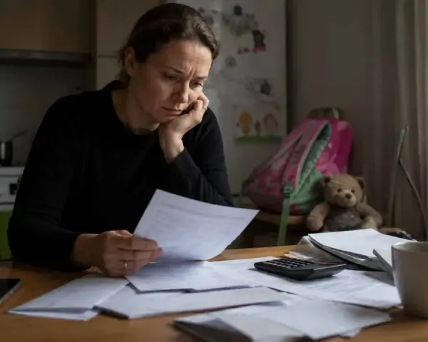 Zmartwiona kobieta przegląda dokumenty. W tle widać plecak i misia. Syndyk nie wypłaca alimentów, co pogłębia jej troski.