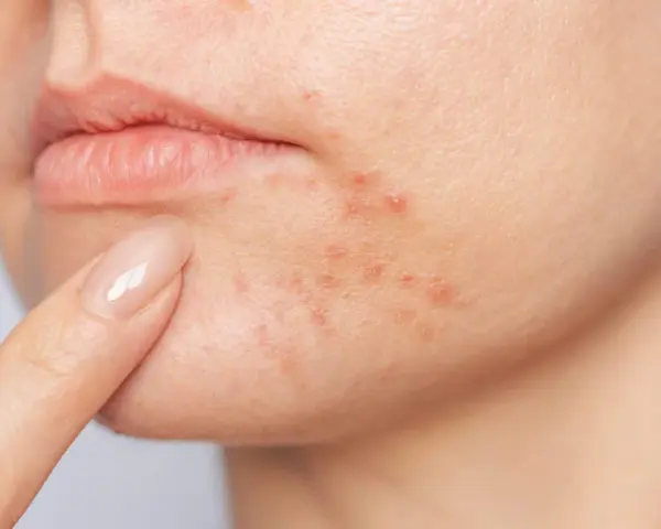 Primer plano de una persona señalando granitos alrededor de la boca, indicando la necesidad de un dermatitis perioral tratamiento.