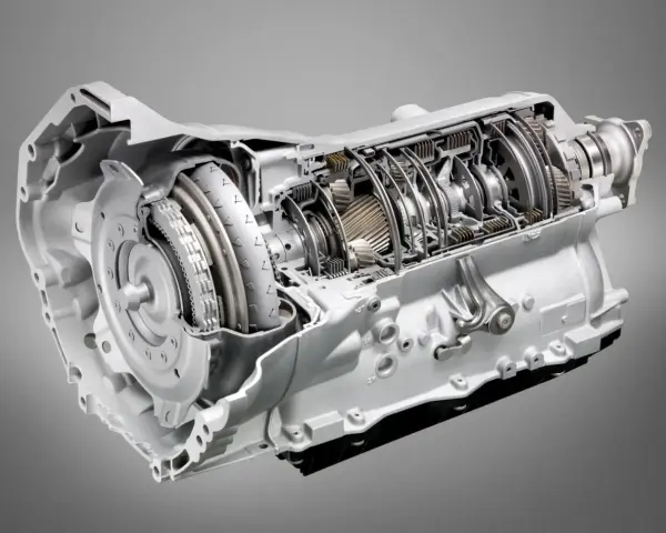 Przekrój skrzyni biegów ZF 8HP, stosowanej w wielu samochodach, ukazujący jej złożoną budowę z elementami hydraulicznymi i mechanicznymi.