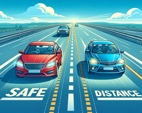 Due auto, rossa e blu, su un'autostrada. La distanza di sicurezza deve essere maggiore se si percorre la corsia d'emergenza.