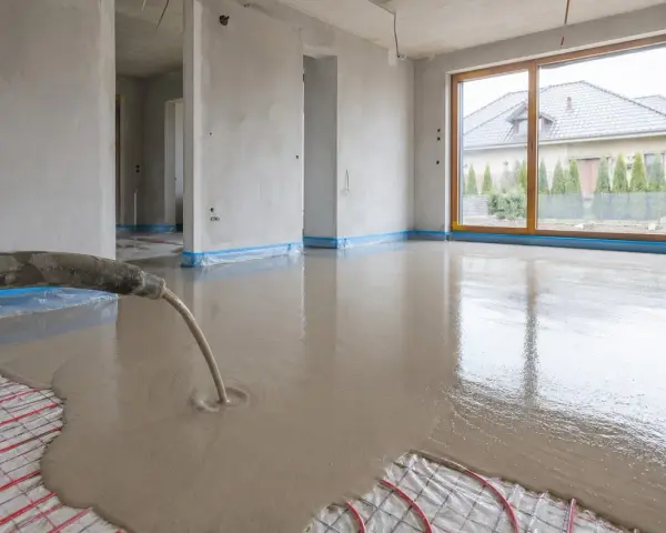 Wylewka anhydrytowa grubość jest wylewana na ogrzewanie podłogowe. Powierzchnia jest gładka i lśniąca.