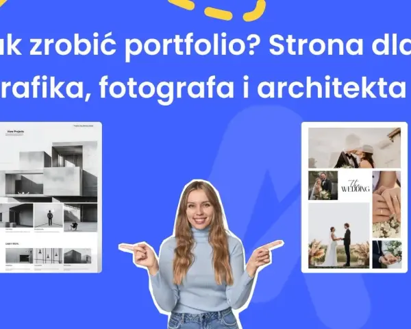 Kobieta prezentuje portfolio dla grafika, fotografa i architekta. Pokazuje przykłady projektów architektonicznych i ślubnych.