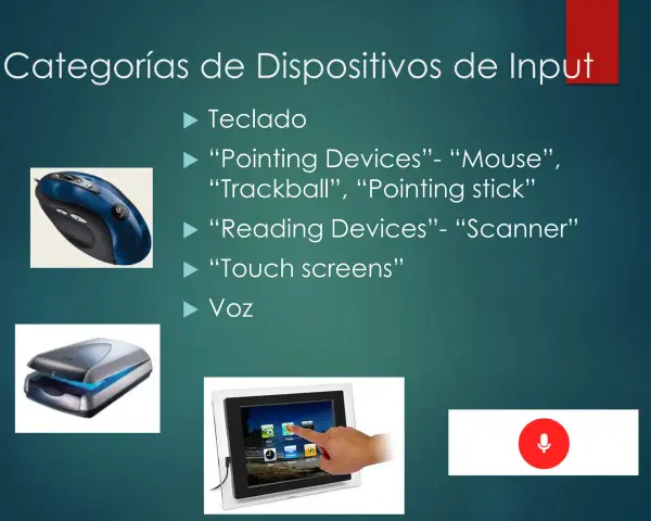 Dispositivos de input: teclado, mouse, scanner, pantalla táctil y micrófono. La diferencia entre input y output es cómo la información entra o sale del sistema.