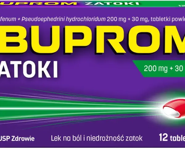 Opakowanie leku Ibuprom Zatoki, który jest dobrym lekiem na zatoki, zawiera 12 tabletek powlekanych.