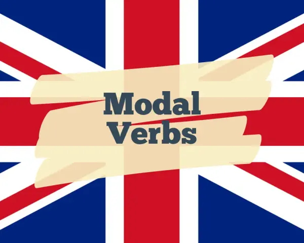 Die britische Flagge mit dem Text "Modal Verbs" auf einem hellgelben Band.