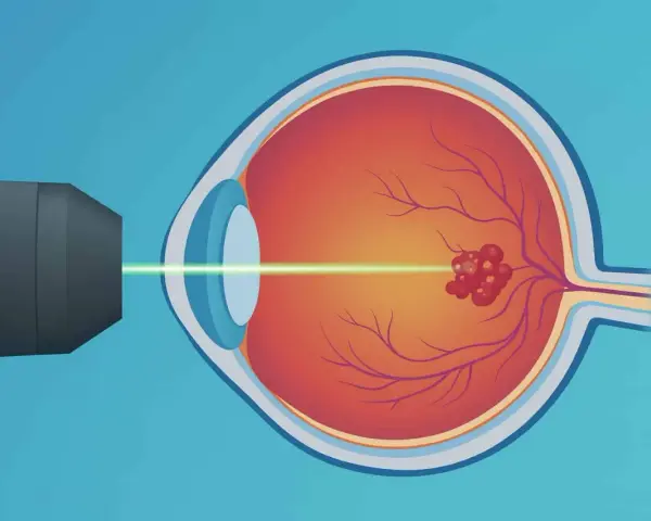 Trattamento con laser per il distacco della retina. Un raggio laser colpisce un'area danneggiata sulla retina.