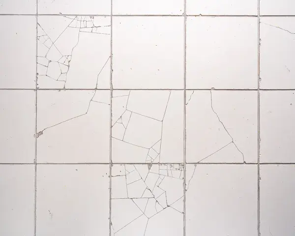 Pęknięte białe płytki ceramiczne, które można skleić specjalnym klejem do ceramiki, tworzą mozaikę drobnych pęknięć.