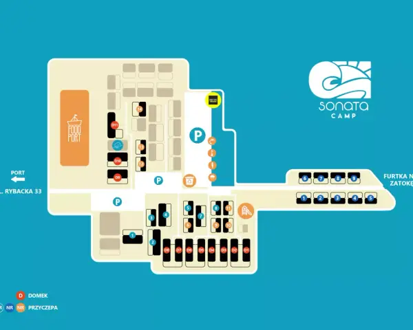 Mapa terenu Sonata Camp z zaznaczonymi domkami, przyczepami, portem i punktami gastronomicznymi.