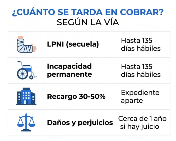 Tabla compara tiempos de cobro: LPNI (secuela) y incapacidad permanente hasta 135 días hábiles; recargo 30-50% en expediente aparte; daños y perjuicios cerca de 1 año si hay juicio.
