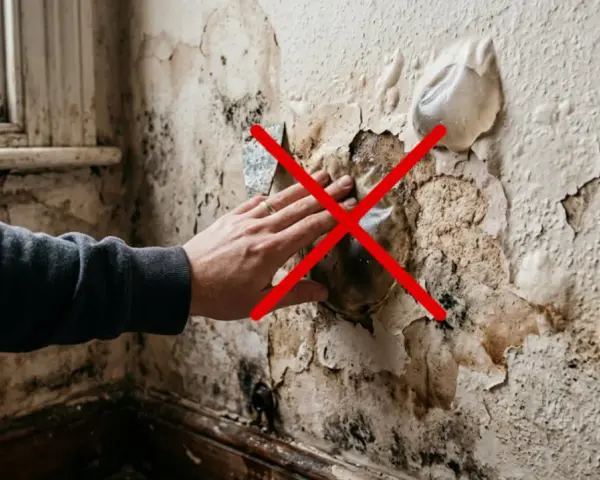 Mano tocando una pared bufada con moho y pintura descascarada. Una cruz roja indica que no se debe tocar.