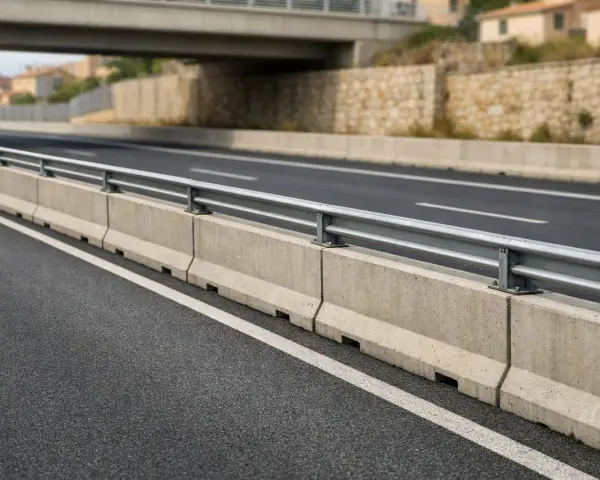 Barriera spartitraffico in cemento, conforme all'art. 175 CDS, con guardrail metallico su strada asfaltata.