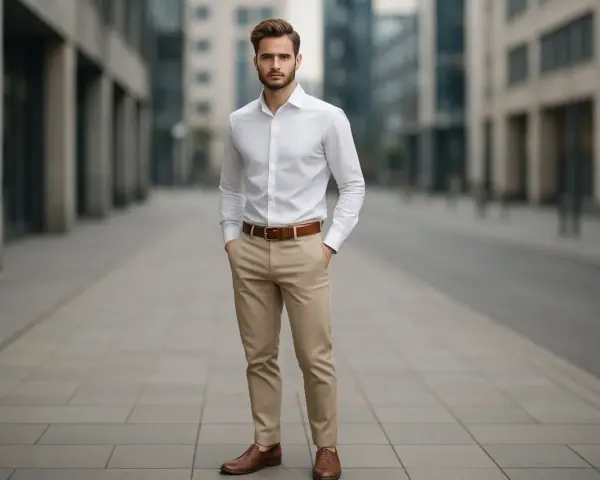 Elegancki mężczyzna w białej koszuli i beżowych spodniach, idealny przykład, jaka koszula do beżowych spodni.