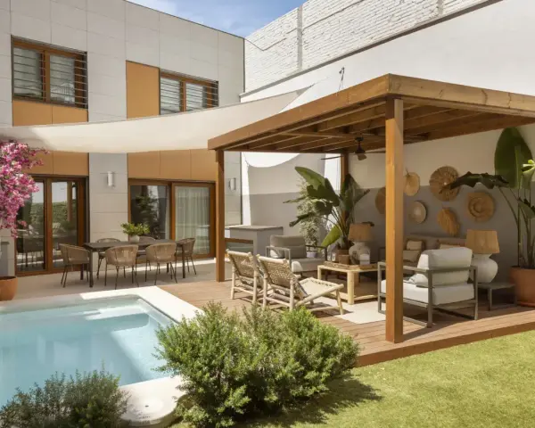 Modernos patios con piscina, zona de estar bajo pérgola de madera y comedor exterior.