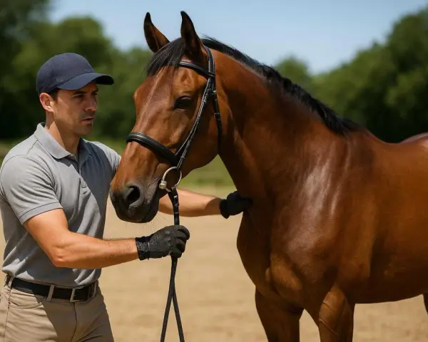 Un cavalier professionnel, concentré, tient les rênes d'un cheval bai. Le salaire d'un cavalier pro dépend de son talent.