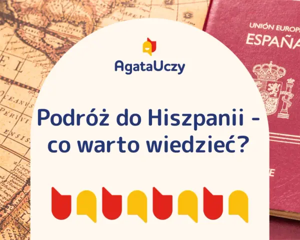 Hiszpański paszport i stara mapa świata na tle grafiki z tekstem "Podróż do Hiszpanii".