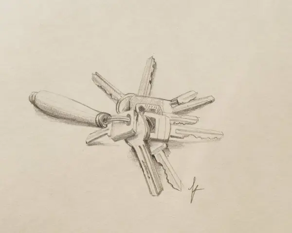 Un dessin réaliste d'un trousseau de clés, avec une poignée en bois et plusieurs clés métalliques disposées en étoile.