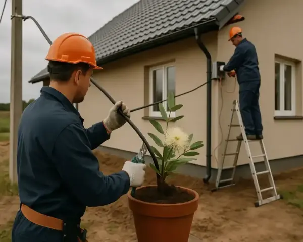 Dwóch elektryków pracuje przy domu. Jeden na drabinie podłącza kable, drugi trzyma kabel. Zastanawiasz się, ile kosztuje przyłącze prądu?