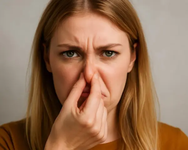 Donna con espressione disgustata che si tappa il naso, forse per un sederino rosso per cacca acida.