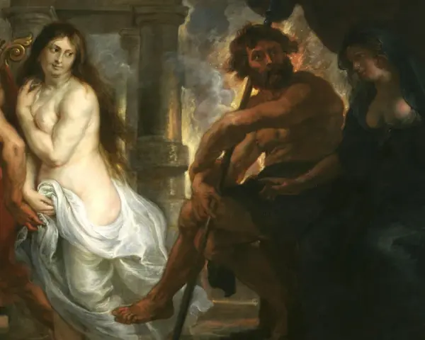Orfeusz prowadzi Eurydykę przez Hades. Władca podziemia, Hades, i jego żona Persefona obserwują ich odejście.