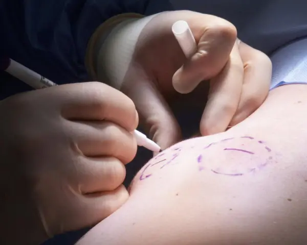 Chirurg markiert mit Stift die Stelle für die Lipomentfernung.