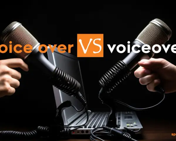Due microfoni professionali, uno tenuto da una mano, l'altro da un'altra, si fronteggiano sopra un laptop. Il testo "voice over VS voiceover" suggerisce una competizione o un confronto nel mondo del doppiaggio e della narrazione.