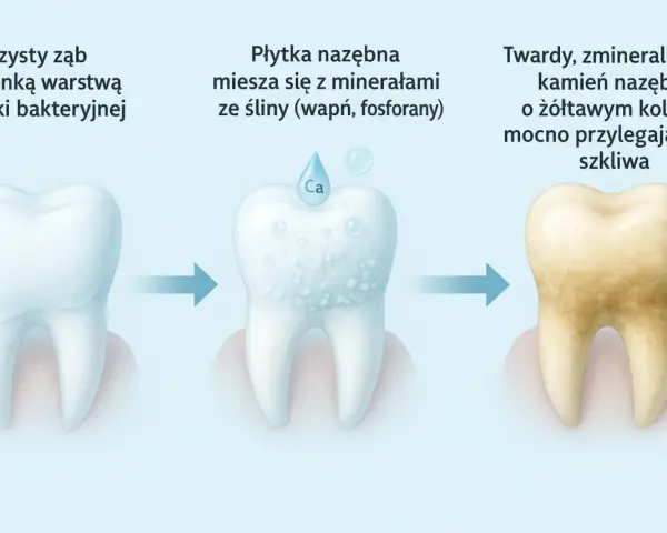 Proces powstawania kamienia nazębnego: od czystego zęba, przez płytkę nazębną mieszającą się z minerałami, aż do żółtego, twardego kamienia nazębnego.