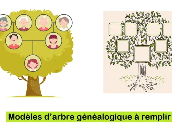 Arbre généalogique 12 générations gratuit : un arbre illustré avec des portraits de famille et un modèle vierge à remplir pour retracer votre histoire.