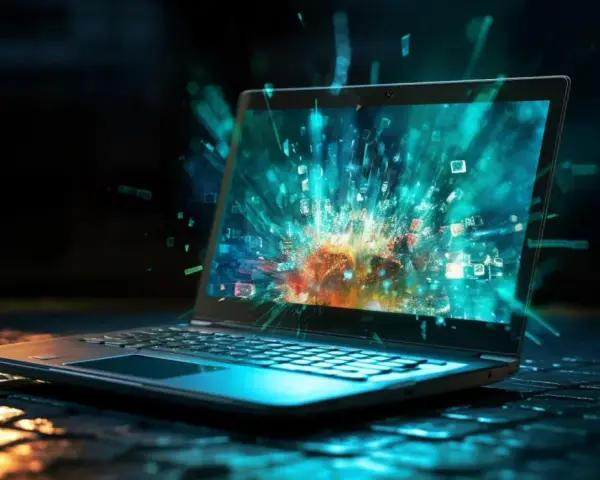 Laptop z eksplodującym ekranem, pełnym kolorowych danych. Czy Steam jest bezpieczny? Obraz sugeruje, że cyfrowy świat może być nieprzewidywalny.