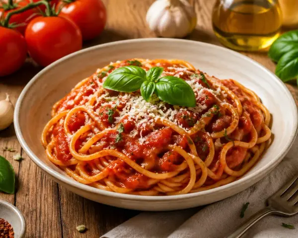 Talerz spaghetti z sosem pomidorowym, posypany parmezanem i udekorowany bazylią.