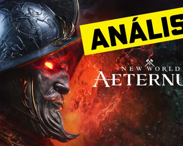 Un guerrero con ojos llameantes y un casco ornamentado, listo para explorar un nuevo mundo. El título "New World Aeternum" y "Análisis" resaltan.