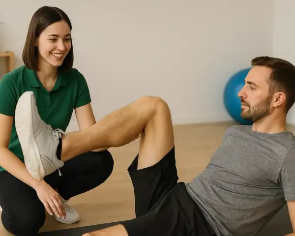 Physiotherapeutin unterstützt Mann bei Übungen zur Genesung nach Meniskusriss.