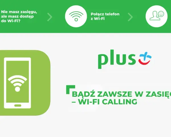 Grafika przedstawia ikonę telefonu z symbolem Wi-Fi, logo Plus oraz hasło "Bądź zawsze w zasięgu - Wi-Fi Calling".