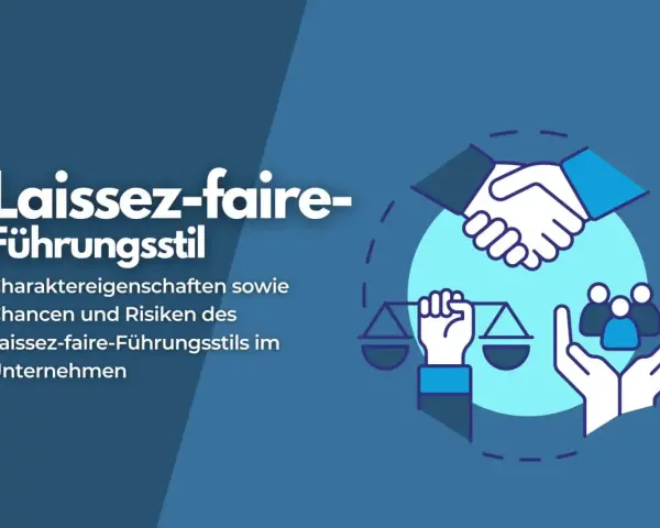 Abbildung zeigt Händeschütteln, eine Waage und Menschengruppen, die den **laissez faire** Führungsstil symbolisieren.