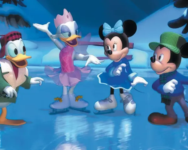 Myszka Miki, Kaczor Donald, Daisy i Minnie na lodowisku, jak w świąteczne bajki animowane.