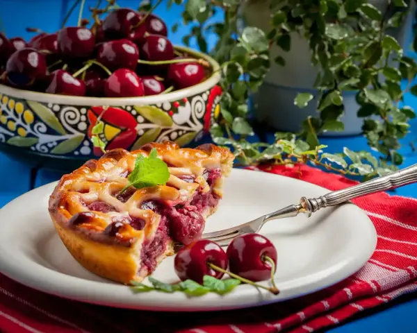 Une part de tarte aux cerises, garnie de menthe fraîche, sur une assiette blanche avec une fourchette. Un bol de cerises est visible en arrière-plan.