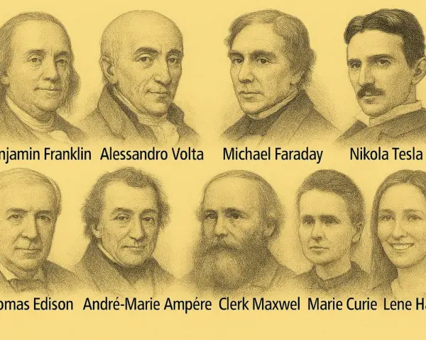 Retratos de personajes de la edad moderna: Benjamin Franklin, Alessandro Volta, Michael Faraday, Nikola Tesla, Thomas Edison, André-Marie Ampère, Clerk Maxwell, Marie Curie y Lene Hau.