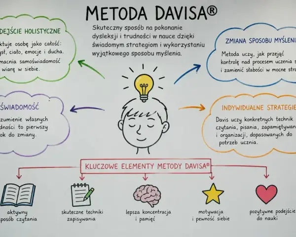 Metoda Davisa pokazuje, że dysleksja to nie choroba, lecz sposób myślenia. Uczy świadomych strategii, holistycznego podejścia i indywidualnych technik.