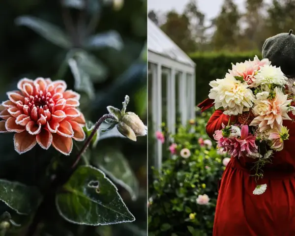 En frostig orange dahlia i närbild. Till höger bär en person en bukett med guldvatten dahlior framför ett växthus.