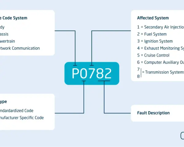 Diagram explaining OBD2 codes, focusing on P0782, its affected transmission system, and code type.