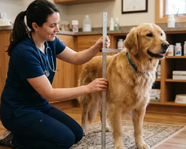 Vétérinaire mesurant la taille au garrot d'un golden retriever dans une clinique.
