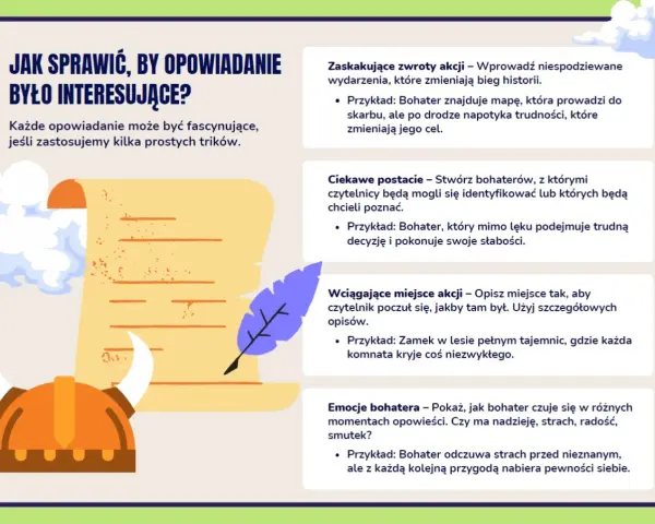 Jak napisać opowiadanie? Wskazówki: zaskakujące zwroty akcji, ciekawe postacie, wciągające miejsca i emocje bohatera.
