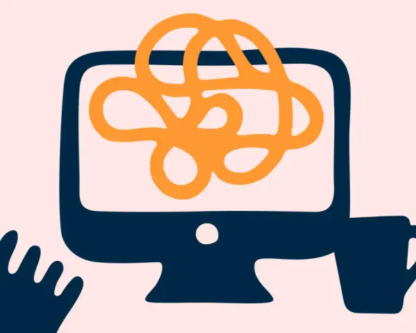 En person med en hand som sträcker sig mot en dator där en orange trassel symboliserar att hen klarar inte av att jobba. En mugg står bredvid.