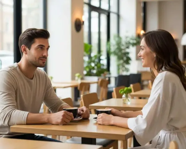 Un homme séducteur et une femme souriante partagent un café. Les signes de complicité sont évidents dans leur regard.