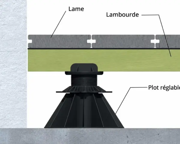 Détail d'une terrasse sur plot bois : lames, lambourdes et plot réglable, montrant la structure surélevée.