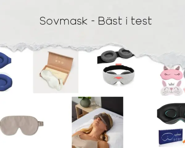 En samling sovmasker, inklusive en lyxig sovmask i satin, en blå 3D-sovmask och flera roliga djurmasker.