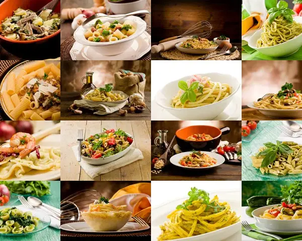 Kolorowy kolaż potraw, każdy talerz to pyszny włoski obiad. Od klasycznego spaghetti po dania z owocami morza i warzywami.