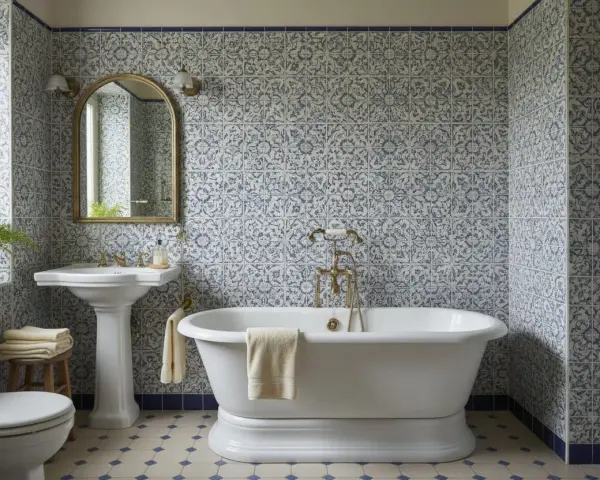 Bagno con piastrelle blu e bianche, vasca freestanding e lavabo a colonna. Un esempio per capire quanto costa piastrellare un bagno.
