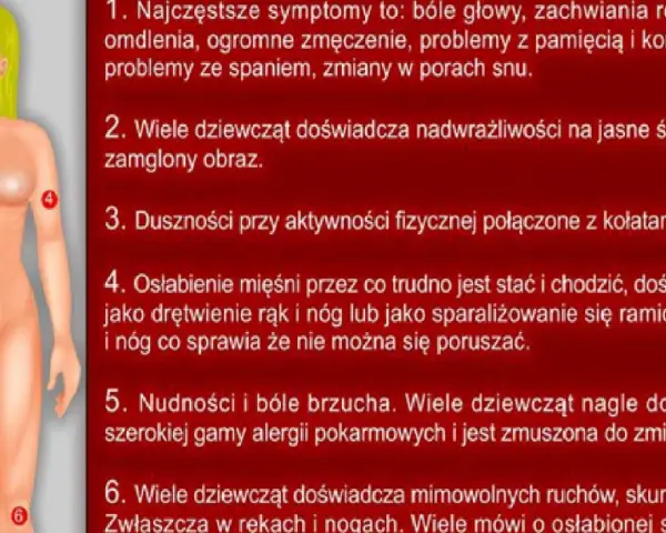 Ilustracja przedstawia schematyczne ciało kobiety z zaznaczonymi punktami, opisującymi potencjalne skutki uboczne po szczepieniu HPV: bóle głowy, problemy z koncentracją, duszności, osłabienie mięśni, nudności i skurcze.