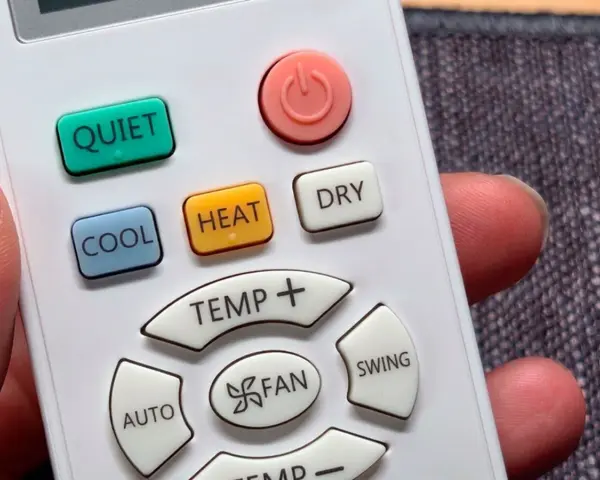 Mando a distancia de aire acondicionado con botón "DRY" visible. Ideal para días húmedos.