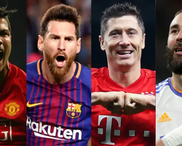 Ronaldo, Messi, Lewandowski y Benzema, cuatro leyendas de la Champions League, celebran sus triunfos.